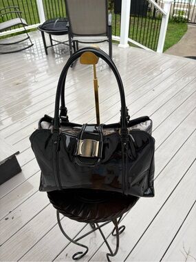 Authentic Salvatore Ferragamo Black Patent Leather Vara Satchel Tote Bag